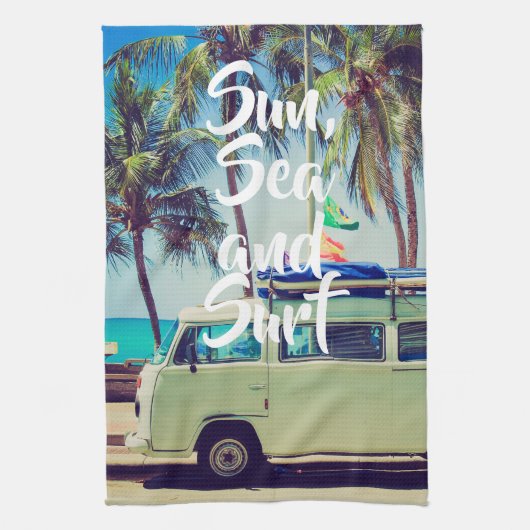 Aangepaste, strandkamperbus en palmbomen: theedoek (Verticaal)