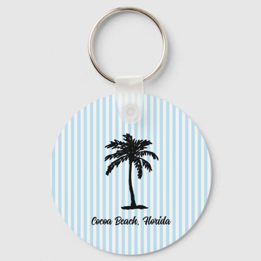 Aangepaste strandpalmboom nautische blauwe streep sleutelhanger (Voorkant)