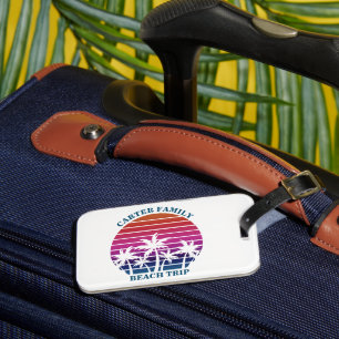 Aangepaste strandtrip roze zonsondergang palmboom bagagelabel