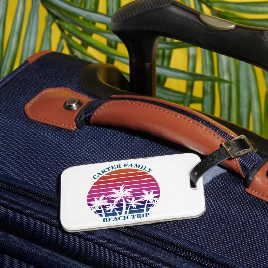 Aangepaste strandtrip roze zonsondergang palmboom bagagelabel (Voorkant Insitu 3)