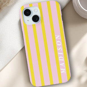Aangepaste Strepen Geel Roze iPhone 15 Case