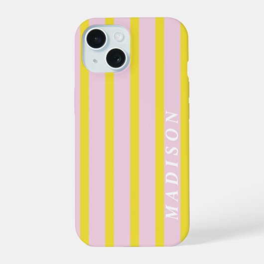 Aangepaste Strepen Geel Roze iPhone 15 Case (Achterkant)