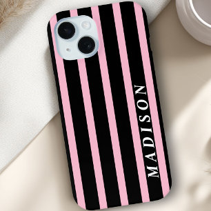 Aangepaste Strepen Zwart Roze iPhone 15 Case