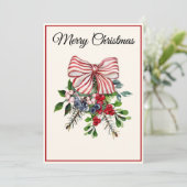 Aangepaste, strik met bessen en blad plat kerstkaa feestdagenkaart (Staand voorkant)