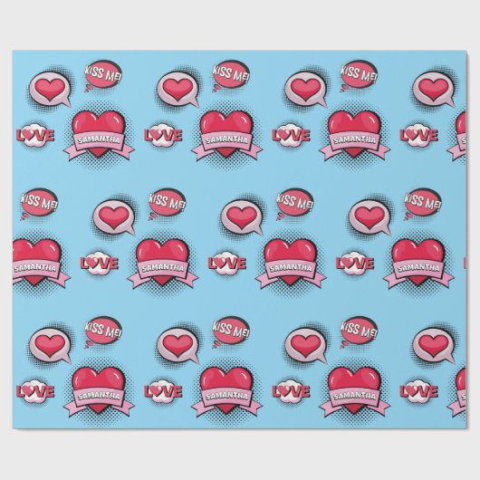 Aangepaste stripstijl blauw & rood hart geschenken cadeaupapier (Vlak)