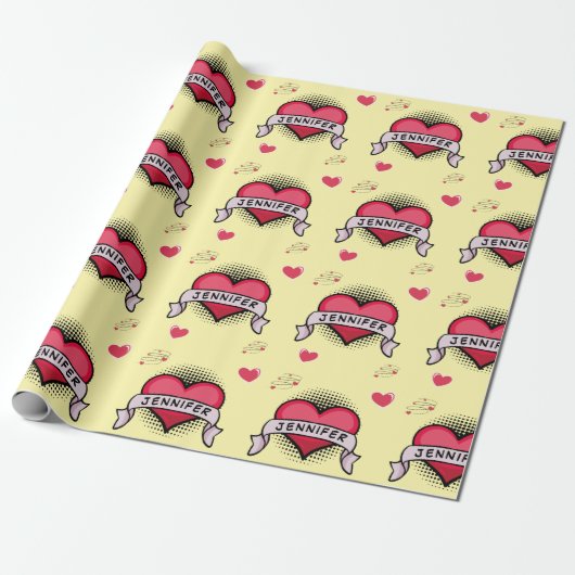 Aangepaste stripstijl gele hart geschenken cadeaupapier (Uitgerold)