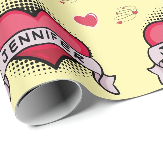 Aangepaste stripstijl gele hart geschenken cadeaupapier (Rol Hoek)