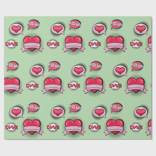 Aangepaste stripstijl groene & rode hart geschenke cadeaupapier (Vlak)