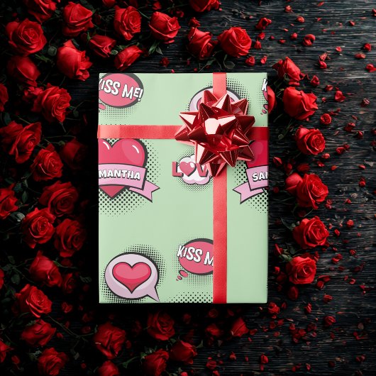 Aangepaste stripstijl groene & rode hart geschenke cadeaupapier