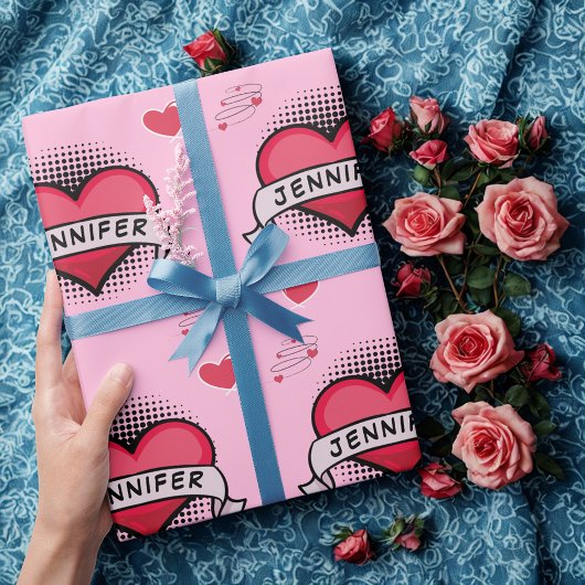 Aangepaste stripstijl roze hart geschenken cadeaupapier