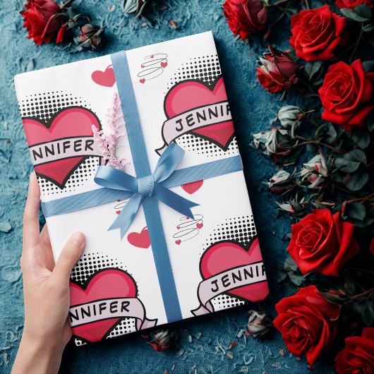 Aangepaste stripstijl witte hart geschenken cadeaupapier
