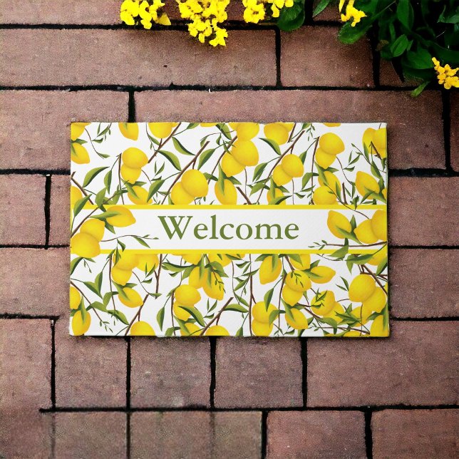 Aangepaste Summery Citrus Lemon Tree Branches Deurmat (Sunny and welcoming. Elevate your front entry with a new welcome mat.)
