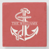 Aangepaste summiere witte anchor op donkerrood stenen onderzetter (Voorkant)