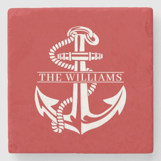 Aangepaste summiere witte anchor op donkerrood stenen onderzetter (Voorkant)