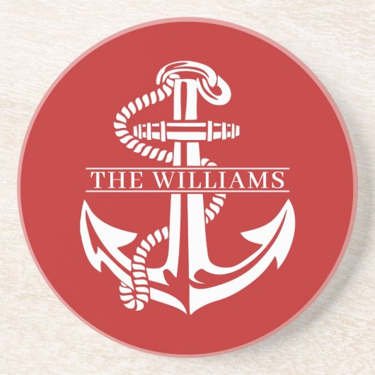 Aangepaste summiere witte anchor op donkerrood zandsteen onderzetter (Voorkant)