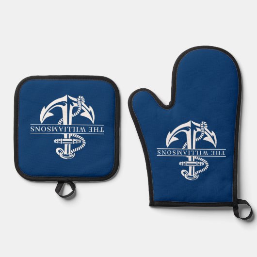 Aangepaste summiere witte anchor op marineblauw ovenwant & pannenlap set (Voorkant)