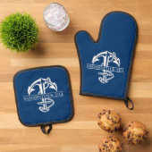 Aangepaste summiere witte anchor op marineblauw ovenwant & pannenlap set (Top down)
