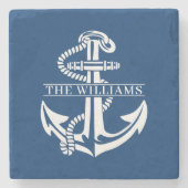 Aangepaste summiere witte anchor op marineblauw stenen onderzetter (Voorkant)