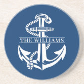 Aangepaste summiere witte anchor op marineblauw zandsteen onderzetter (Voorkant)