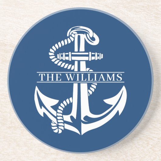 Aangepaste summiere witte anchor op marineblauw zandsteen onderzetter (Voorkant)