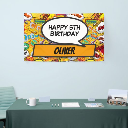 Aangepaste superheld verjaardagsfeestje stripboek  spandoek (Beurs)