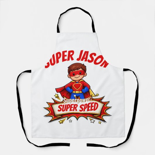 Aangepaste superheldennaam en superkracht voor kin schort (Voorkant)