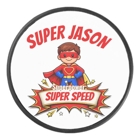 Aangepaste Superheldennaam voor Kinderen Hockey Puck (Voorkant)