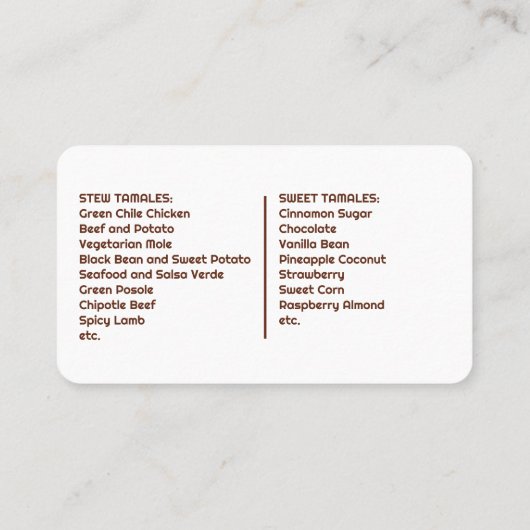 Aangepaste Tamales Visitekaartje (Achterkant)