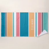 Aangepaste Teal Blauwe Gele Blush Roze Witte Strep Strandlaken (Voorkant)