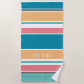 Aangepaste Teal Blauwe Gele Blush Roze Witte Strep Strandlaken (Voorkant)