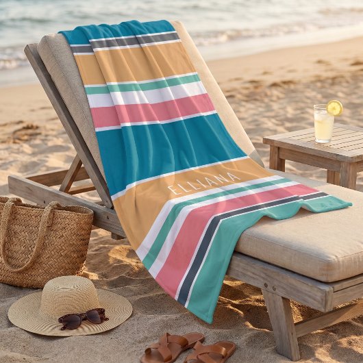 Aangepaste Teal Blauwe Gele Blush Roze Witte Strep Strandlaken