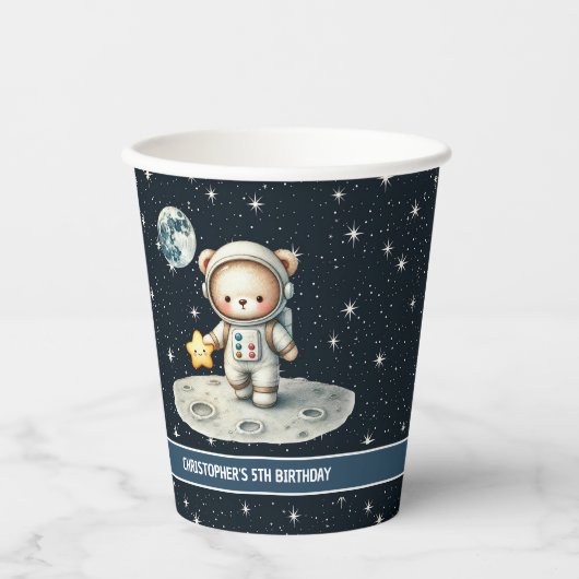 Aangepaste Teddy Bear Astronaut Boy Verjaardagsfee Papieren Bekers (Voorkant)