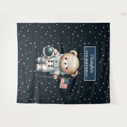 Aangepaste Teddy Bear Astronaut Verjaardag Achterg Wandkleed (Voorkant (horizontaal))