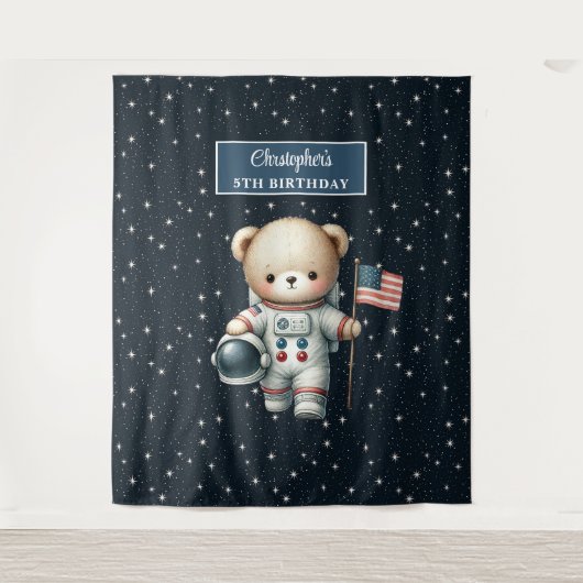 Aangepaste Teddy Bear Astronaut Verjaardag Achterg Wandkleed (Voorkant)