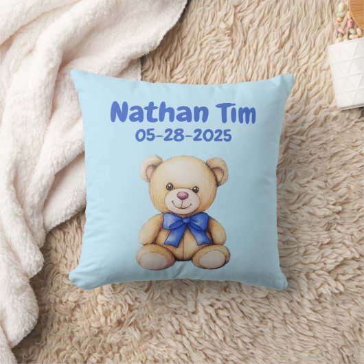 Aangepaste Teddy Bear Baby Boy Naam & DOB Kussen (Deken)