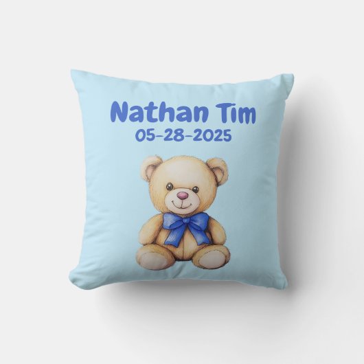 Aangepaste Teddy Bear Baby Boy Naam & DOB Kussen (Voorkant)