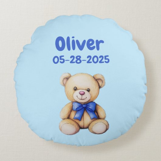 Aangepaste Teddy Bear Baby Boy Naam & DOB Rond Kussen (Voorkant)