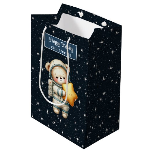 Aangepaste Teddy Bear Gift Bag voor Space Boy Part Medium Cadeauzakje (Voorkant Gekanteld)