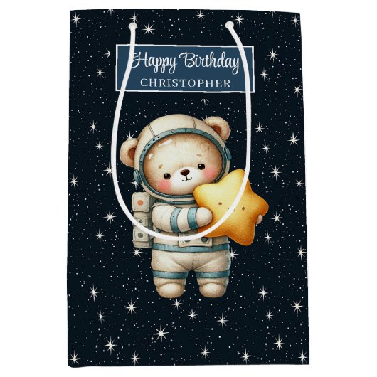 Aangepaste Teddy Bear Gift Bag voor Space Boy Part Medium Cadeauzakje (Voorkant)