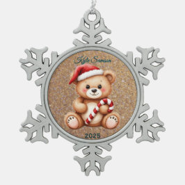 Aangepaste teddybeer en snoepriet tin sneeuwvlok ornament