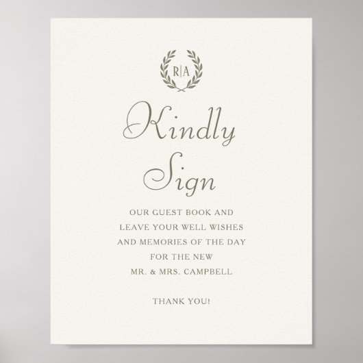 Aangepaste teken Monogram Bruiloft Gast Boek Groen Poster (Voorkant)