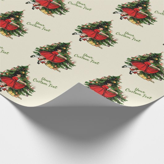 Aangepaste tekst 1950s  meisje met kerstboom cadeaupapier (Hoek)