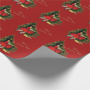 Aangepaste tekst 1950s meisje met kerstboom cadeaupapier