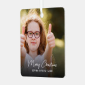 Aangepaste tekst 2 foto Trendy Merry Christmas Metalen Ornament (Voorkant links)