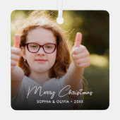 Aangepaste tekst 2 foto Trendy Merry Christmas Metalen Ornament (Achterkant)