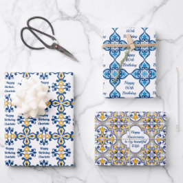 Aangepaste tekst 💙 3 Blauw en geel Azulejos, Inpakpapier Vel