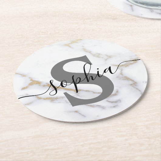 Aangepaste tekst aangepast marmer monogram aangepa ronde kartonnen onderzetter (Gebogen)