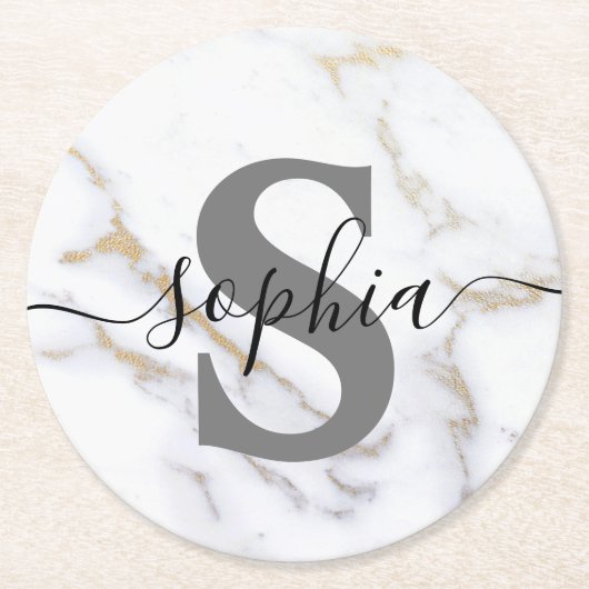 Aangepaste tekst aangepast marmer monogram aangepa ronde kartonnen onderzetter (Voorkant)