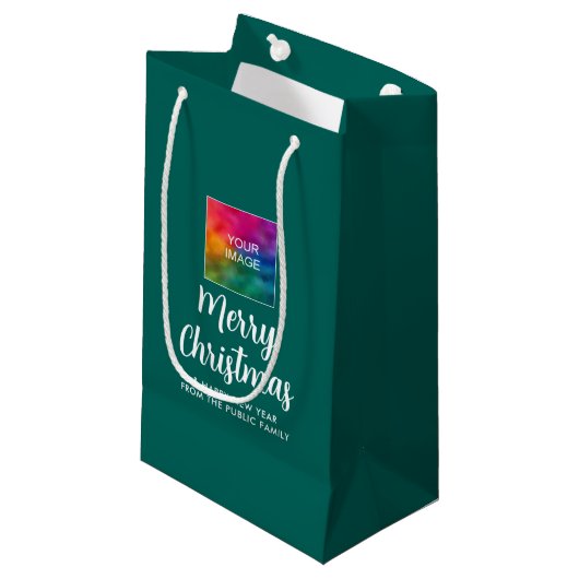 Aangepaste tekst afbeelding logo vrolijk kerstfees klein cadeauzakje (Voorkant Gekanteld)