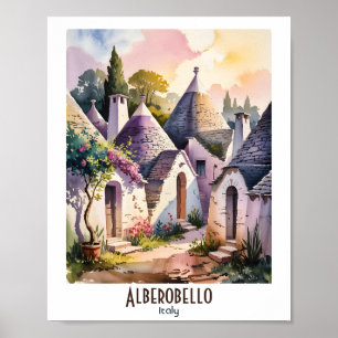 Aangepaste tekst Alberobello Italië Trulli Aquarel Poster
